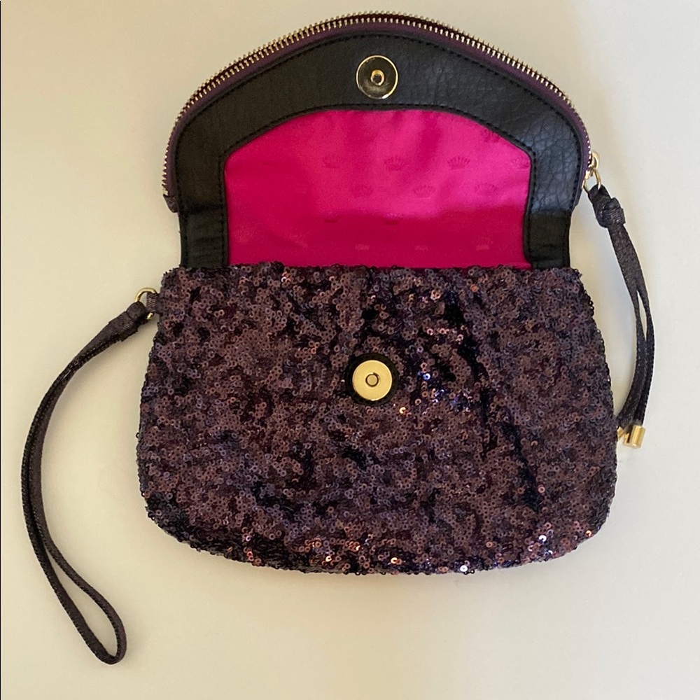 Juicy Couture Purple Sequined Clutch with Gold Hardware.  Hot Pink interior